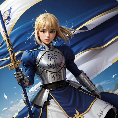 white flag, hundred years' war, holding, holding flag, war, in combat, inspire, saber-v1, (1girl, armor, armored dress, blonde h...