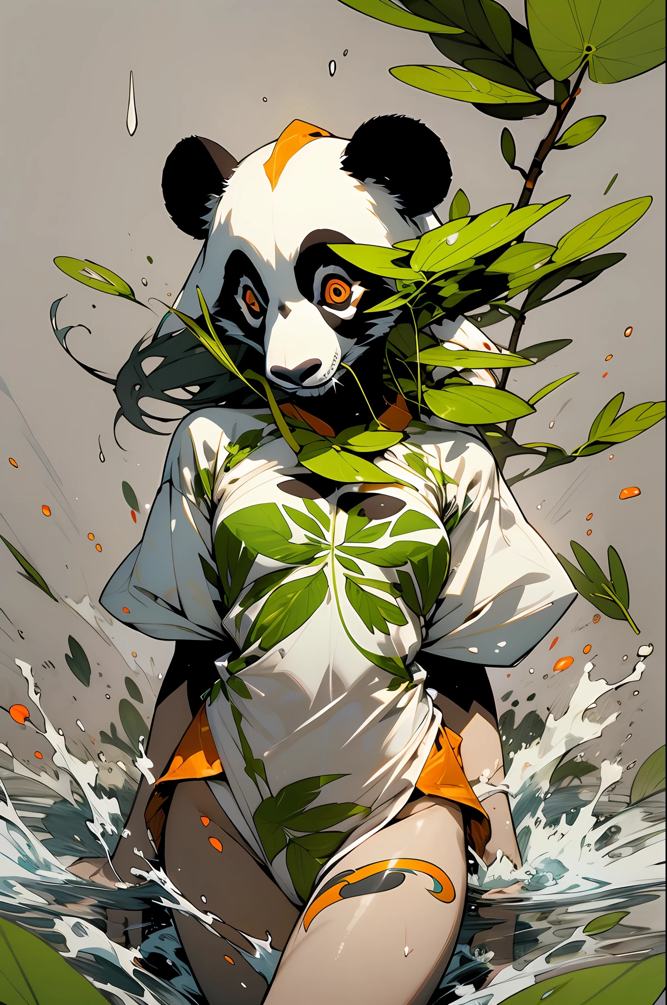 verde: 1.5, orange: 1.1, Weiß: 1.3, Gelb: 1.3, (Panda-Mädchen), halb weißes, halb dunkles Haar, detaillierte Tattoos, Rüstung des Terrors, transparenter Körper, Farbtupfer im Hintergrund, Kleider
