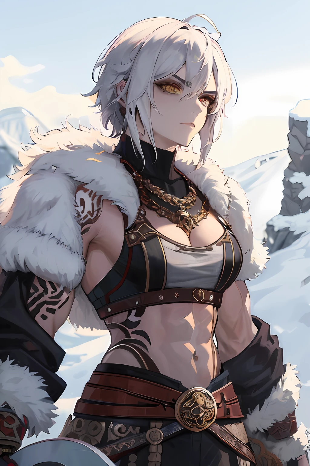 Anime - imagem de estilo de uma mulher com uma espada e um casaco de pele, uma mulher berserker muito bonita, arte detalhada do personagem de anime, cabelos brancos, thancred waters in style of wlop, portrait of a barbarian woman, badass anime 8 k, Retrato de Thancred, fanart requintada altamente detalhada, cabelos brancos, divindade de cabelos brancos, thancred waters