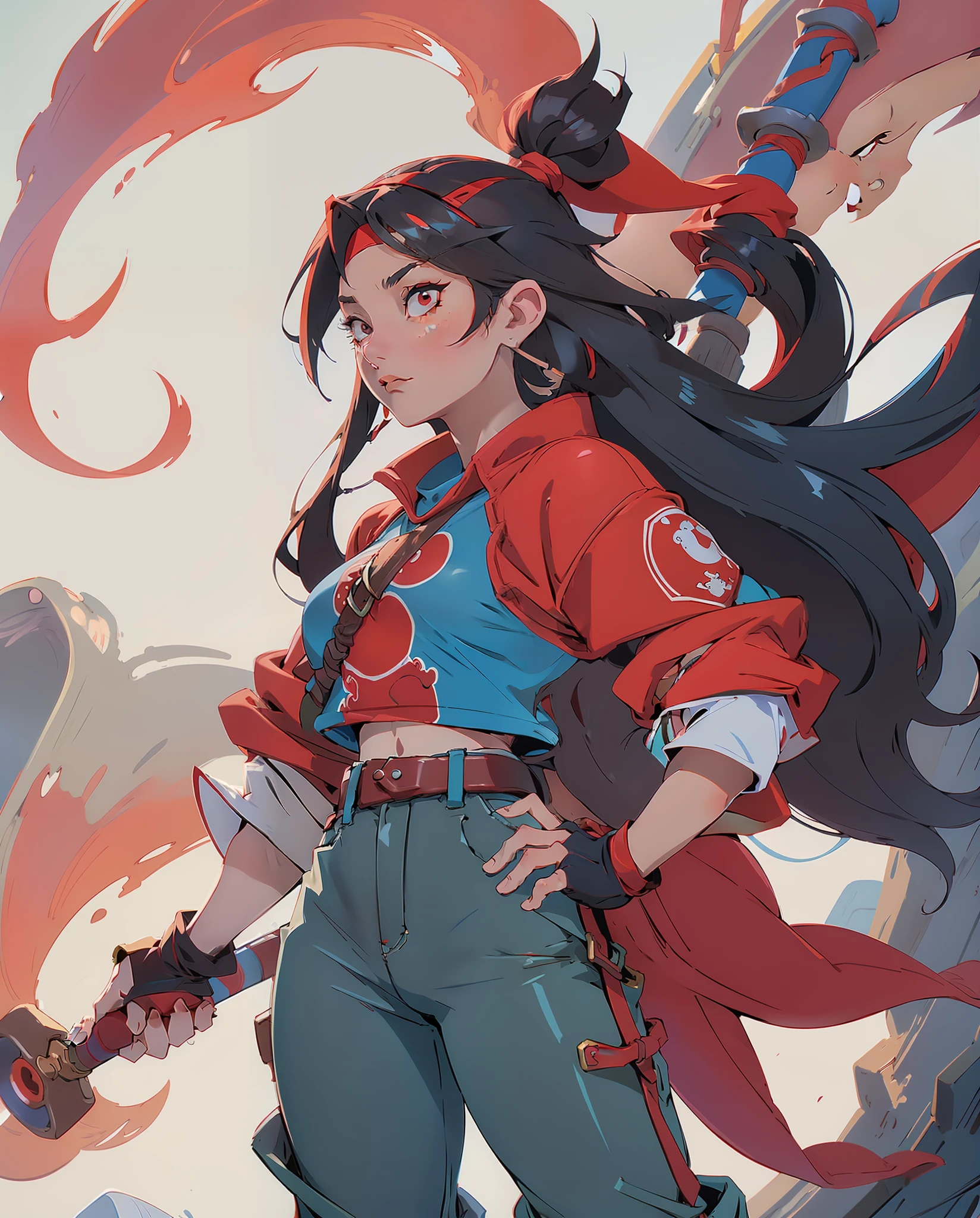 Vice Anime Girl with long black hair, wearing a red pirate bandana sky-blue pirate top and red pirate pants, wielding a curved pirate sword, on a pirate ship, masterpiece, best quality