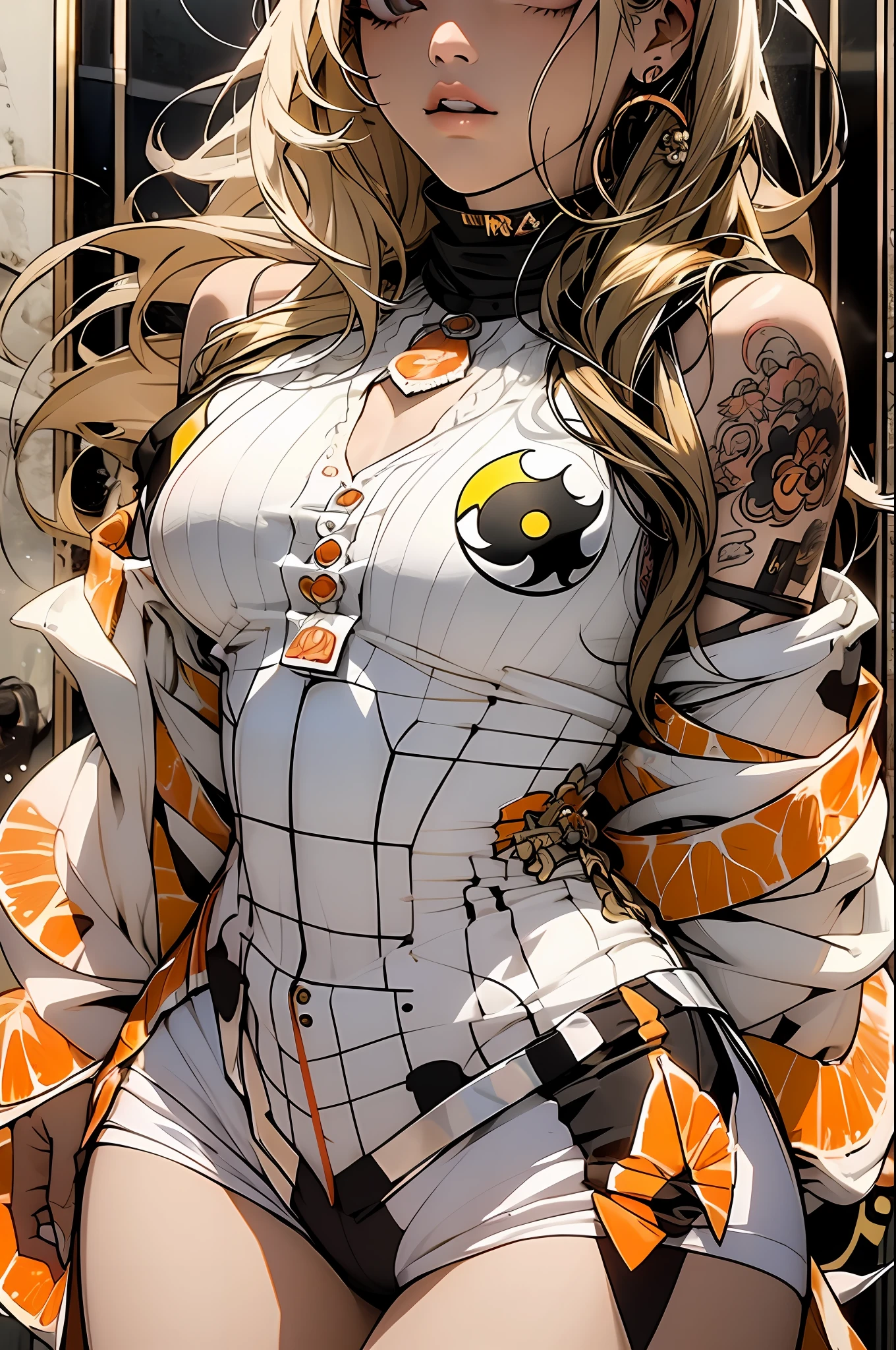 verde: 1.5, orange: 1.1, Weiß: 1.3, Gelb: 1.3, (Yin-Yang-Mädchen), halb weißes, halb dunkles Haar, detaillierte Tattoos, Rüstung des Terrors, transparenter Körper, Farbtupfer im Hintergrund, Kleider