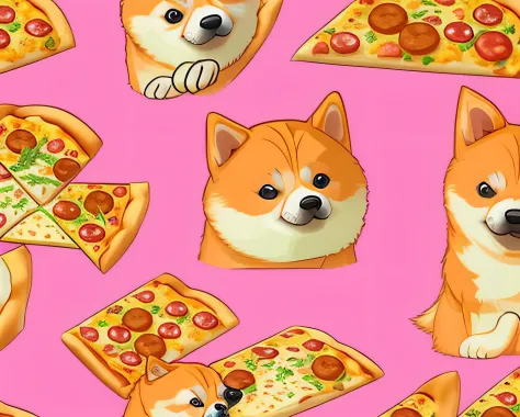 a cute dog shiba with a box of pizza pink background