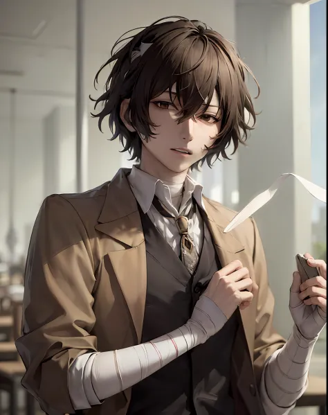 (masterpiece, best quality:1.2), upper body, solo, male focus, 1boy, dazai osamu, expressionless, brown jacket, bandages