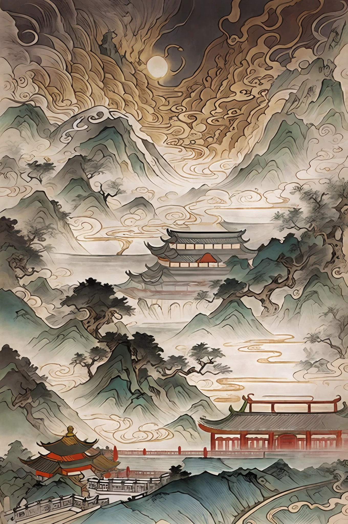 Zeichne eine Landschaft，alte chinesische Legenden，Depressiver und wütender Stil，In der Ferne gibt es einen Berg und eine Pagode, inspiriert von Itō Jakuchū, chinesische landschaft, orientalische Tapete