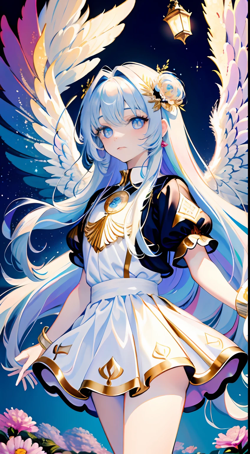 （tmasterpiece：1.4），（best qualtiy：1.4），（Very cute fallen angel girl，Super detailed face，gem-like eyes，Very long white hair，Colorful gradient hair：1.4），（Ring of Angels：1.4），（the angel's wings：1.4），（full bodyesbian，Perfect two arms，perfect two legs：1.4）
sunder
（detailedbackground：1.4），Hyper-detailed background，（Efeito de Luz，Floating crystals，floating cloud，floating flowers：1.4），
sunder
（Perfect anatomy：1.4），（perfecthand：1.4），（Perfect four long fingers and perfect short thumb：1.4），（The thumb is shorter than the other four fingers：1.4），