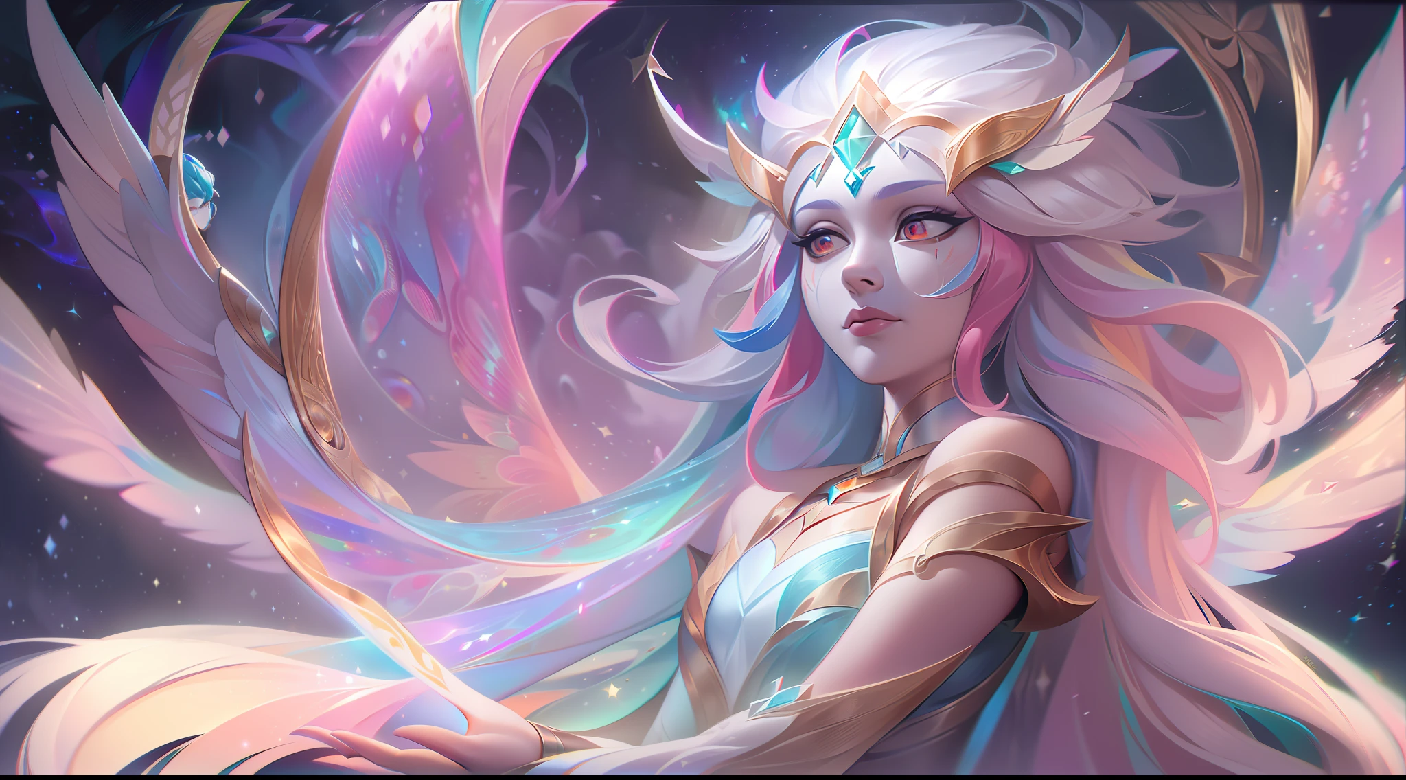 Uma base splash art de "Guardiã Celestial Lyra" apresenta uma cena deslumbrante e sobrenatural. De pé no meio de um cenário celestial, Lyra, o Guardião Empático, exala uma sensação de tranquilidade e sabedoria. Sua aparência é a de um ser celestial, adornado com cintilantes, asas iridescentes irradiando um brilho etéreo. O elenco empático de Lyra está em plena exibição, retratado como fios de energia fluindo de suas mãos estendidas. Esses fios de energia se conectam com os campeões ao seu redor, simbolizando sua capacidade de canalizar e manipular emoções. no fundo, A paisagem cósmica aumenta a grandiosidade da imagem. Estrelas cintilantes e galáxias distantes criam uma sensação de admiração e admiração, enfatizando as origens celestiais de Lyra e seu papel como guardiã das emoções. A paleta de cores é uma mistura harmoniosa de tons pastéis suaves, evocando uma atmosfera serena e pacífica. A composição geral exala uma sensação de calma e força interior, refletindo o equilíbrio harmonioso que Lyra se esforça para alcançar.