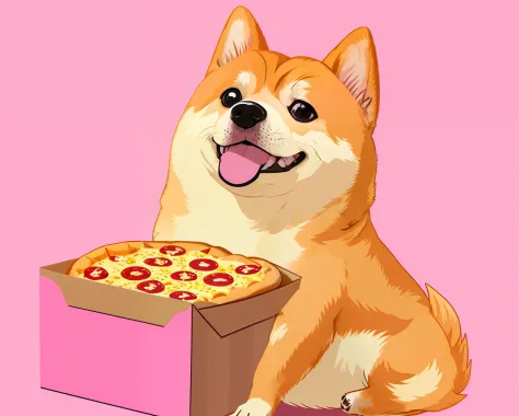 a cute dog shiba with a box of pizza pink background