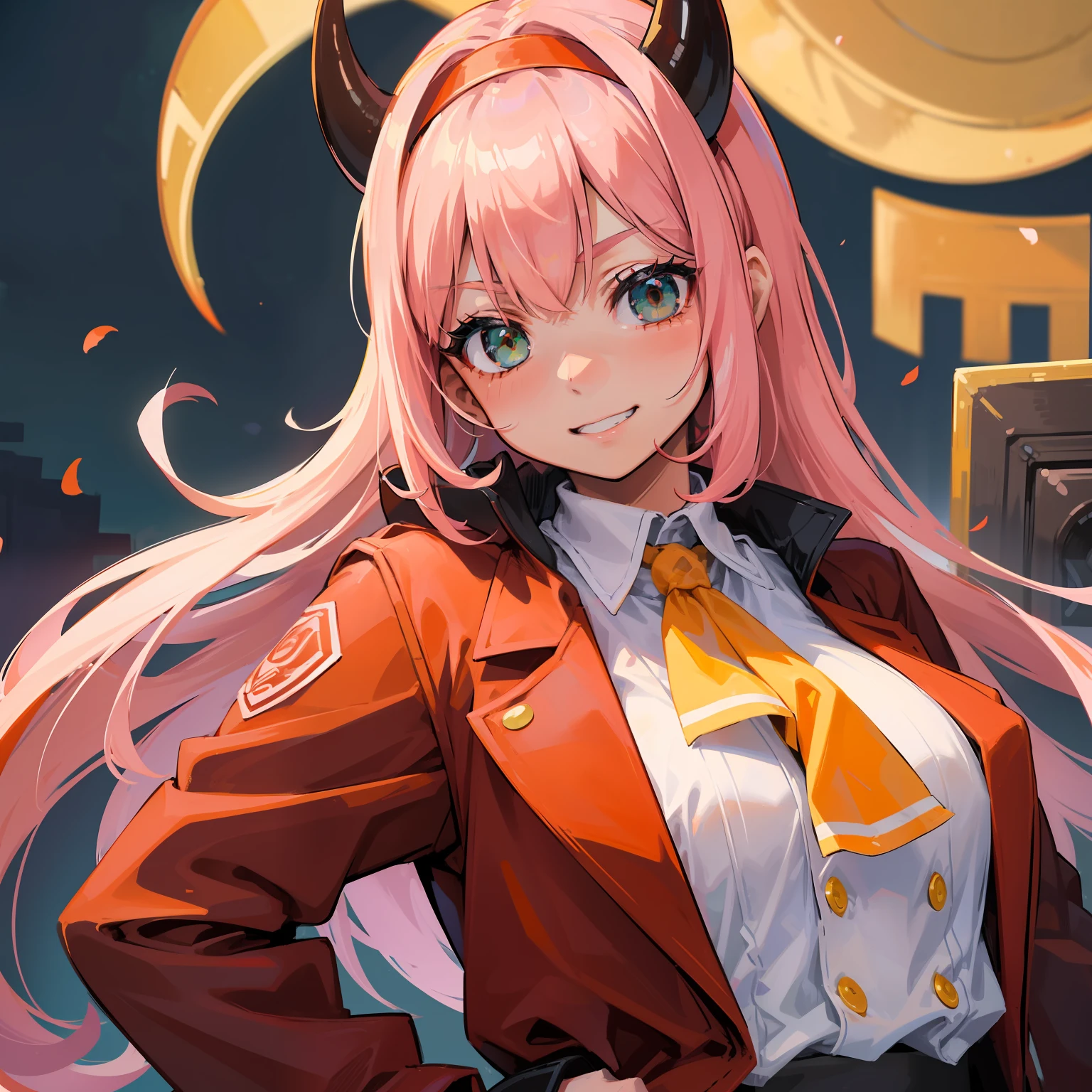 Anime girl with pink hair and horns standing in front of a camera - SeaArt  AI