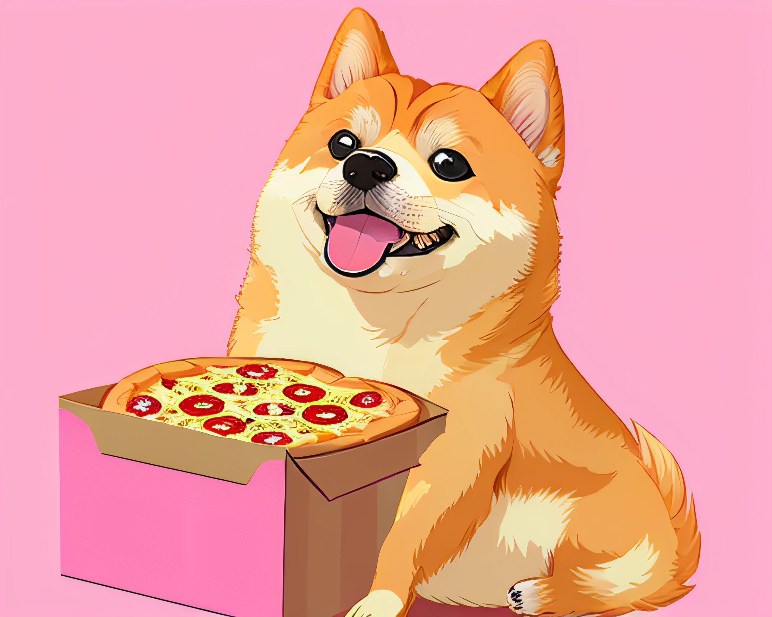 a cute dog shiba with a box of pizza pink background