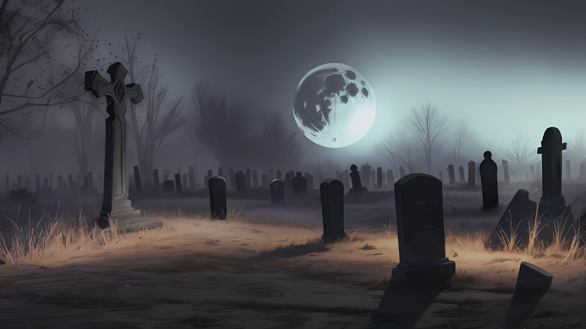 (dark magic:1.2), scary graveyard, fullmoon, moon light, beams of light, dense fog,  night, (intricate details), (hyperdetailed), 8k hdr,