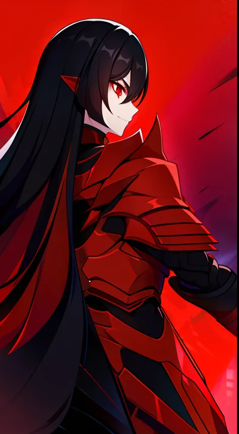 young guy, long black hair, red-eyes, red tattoos, demonic armor, rage, masterpiece, hiquality