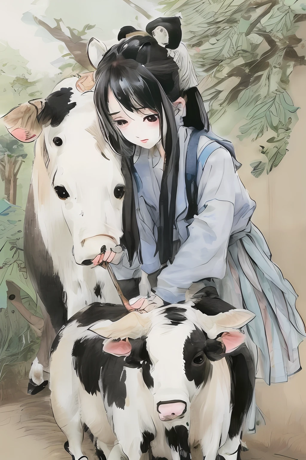 牛の乳搾りをするチベットの少女の絵を描く - SeaArt AI