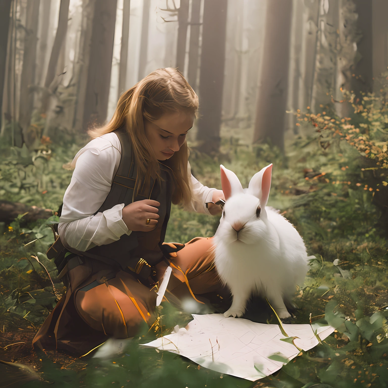 classicnegative portrait photo, fantasy video game character concept art, a cute white fluffy rabbit wearing a small brown leather backpack looking at a map hiking through a forest, dungeons and dragons, fantasy, river, haze, halation, bloom, dramatic atmosphere, 1970s dark fantasy movie, centred, rule of thirds