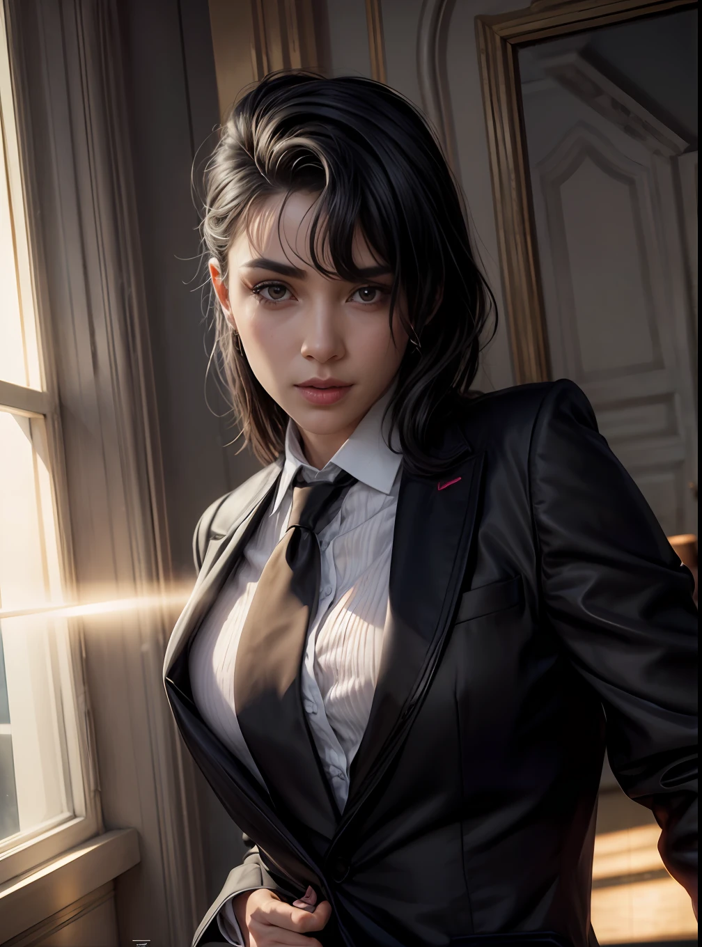 a woman in a suit and tie posing For a picture, 安德烈·卡斯特罗 (André Castro) 拍摄的照片, cg 社会热点, 胸部, 超高清, Feminine, 讴歌, 黑发, 超现实主义, 盛开, reFlection light, 发光的灯光, 神光, 光线追踪, lens Flare, F/1.2, 35 毫米, 索尼 FE GM, FujiFilm, U高清, 杰作, 解剖学上正确, 纹理皮肤, 超级细节, 高细节, 高质量, 屡获殊荣, 最好的质量, 高分辨率, 高清, 8千