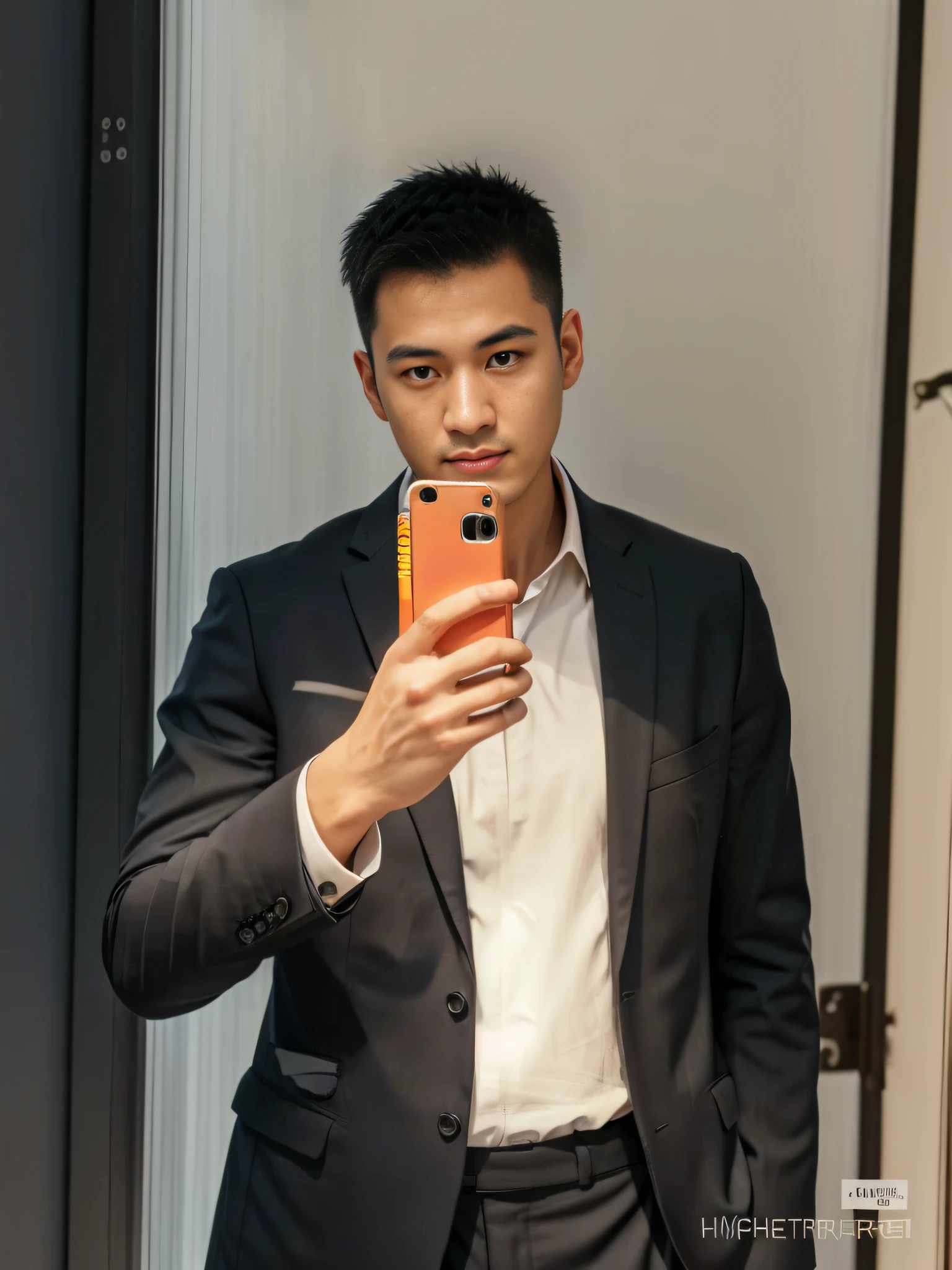 Arad man in suit takes a selfie in the mirror, 2 8 years old, 2 7 years old, 2 9 years old, 2 3 years old, dressed in a suit, 2 4 years old, 2 2 years old, wenjun lin, 3 2 - year - old, professional profile picture, steve zheng, xintong chen, Professional picture retina screen，Vertical painting shadows，Perspectiva subjetiva，atmospheric distance sense，hyper HD，Textured skin，HighestQuali，high detal，The eyes are bright and alert，Ray traching，Multiple monochromes，Cinematic lighting effects，Star temperament