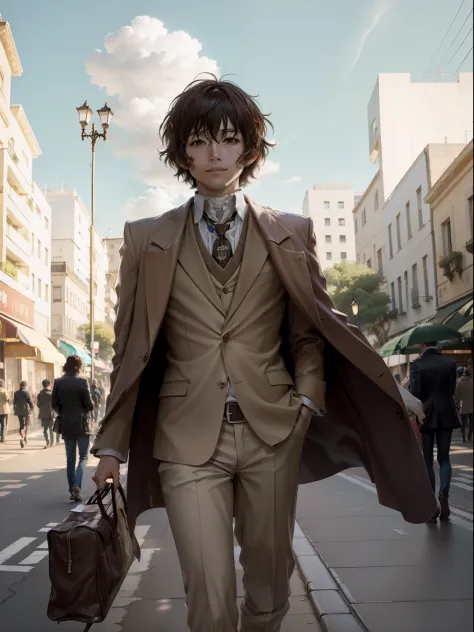 ((obra maestra, la mejor calidad: 1.2), solamente, enfoque masculino, 1child, dazai osamu, inexpresivo, brown jacket, vendas, br...