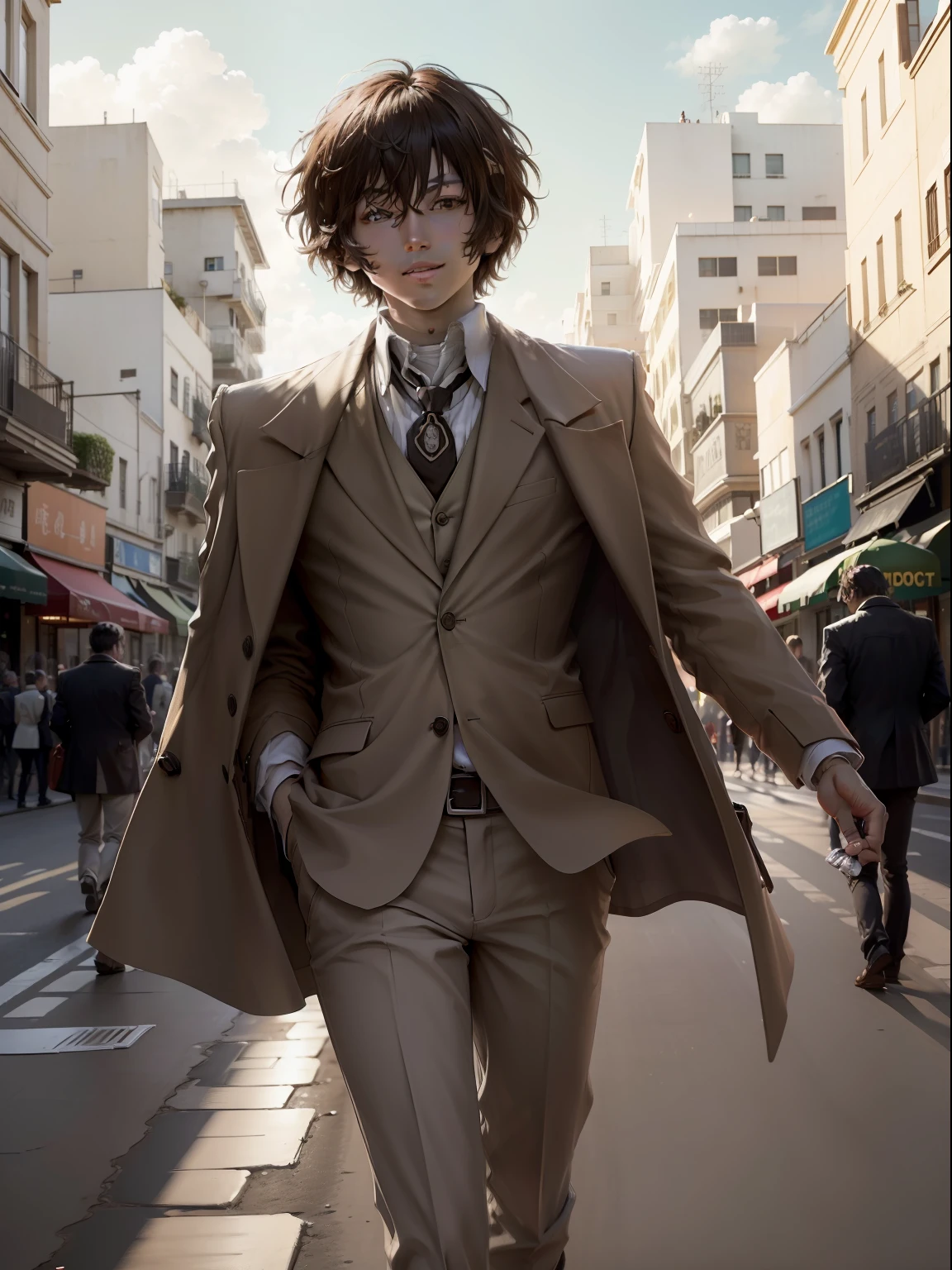 ((Obra maestra, La mejor calidad: 1.2), solamente, Enfoque masculino, 1child, Dazai Osamu, inexpresivo, brown jacket, Vendas, brown eyes, short brown hair, Caminando sonriendo por las calles de una hermosa ciudad soleada, con nubes, movie