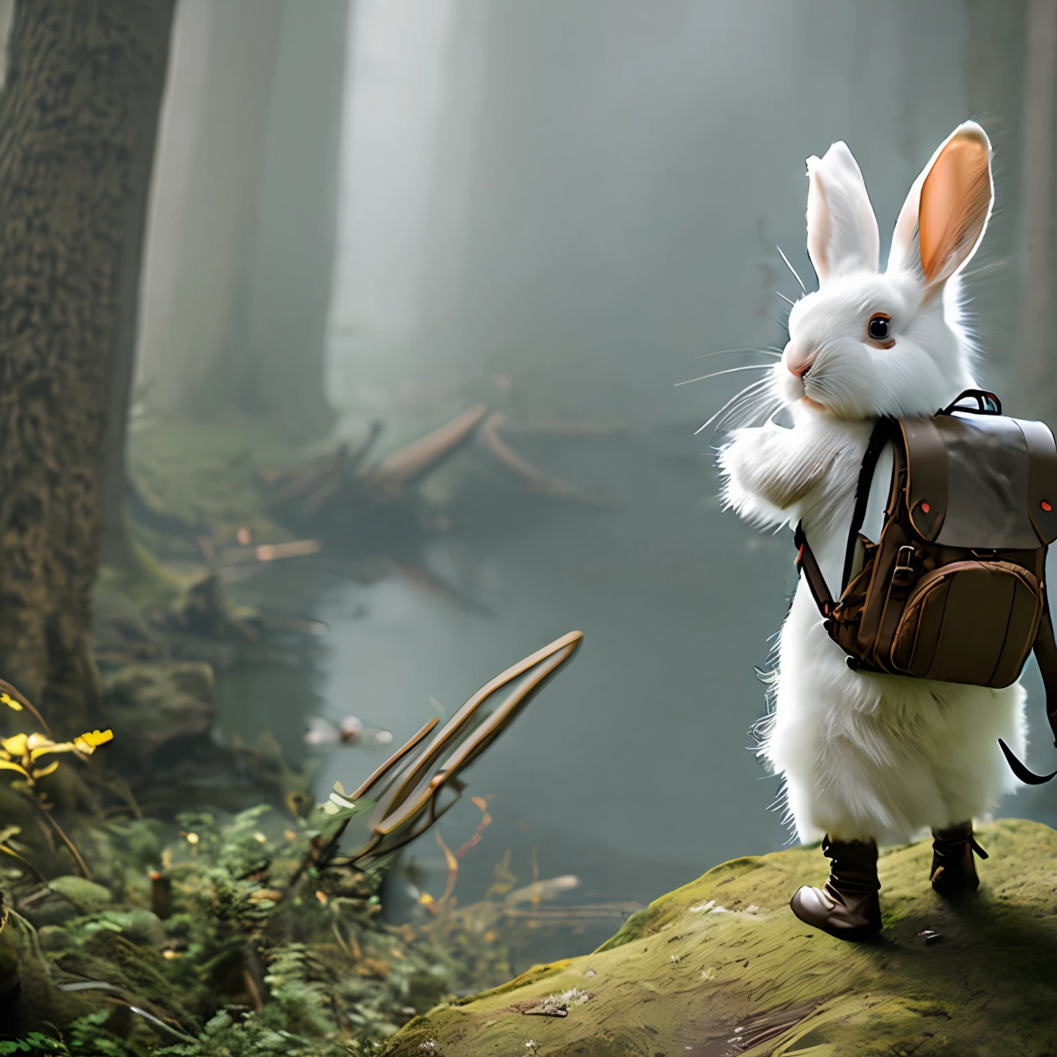 classicnegative portrait photo, fantasy video game character concept art, a cute white fluffy rabbit wearing a small brown leather backpack looking at a map hiking through a forest, dungeons and dragons, fantasy, river, haze, halation, bloom, dramatic atmosphere, 1970s dark fantasy movie, centred, rule of thirds