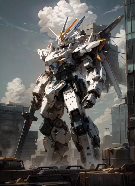 The Alaffield robot stands on a pile of garbage in the city, alexandre ferra white mecha, modern mecha anime, white color mecha, cool mecha style, anime large mecha robot, mecha anime, mecha art, Alexander Ferra Mecha, anime mecha aesthetic, mecha asthetic...