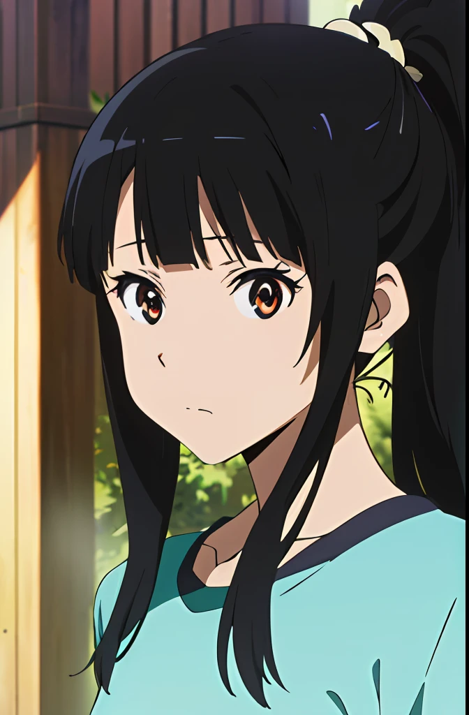 (highres, best quality:1.2), 1girl, radiance, soft contours, beautiful drawing, upper body, concept art, eyelashes, kyoani hyouka style, detailed background, bright colors, Hattori shizuka, bangs, long ponytail, looking at viewer, outdoors, t-shirt,