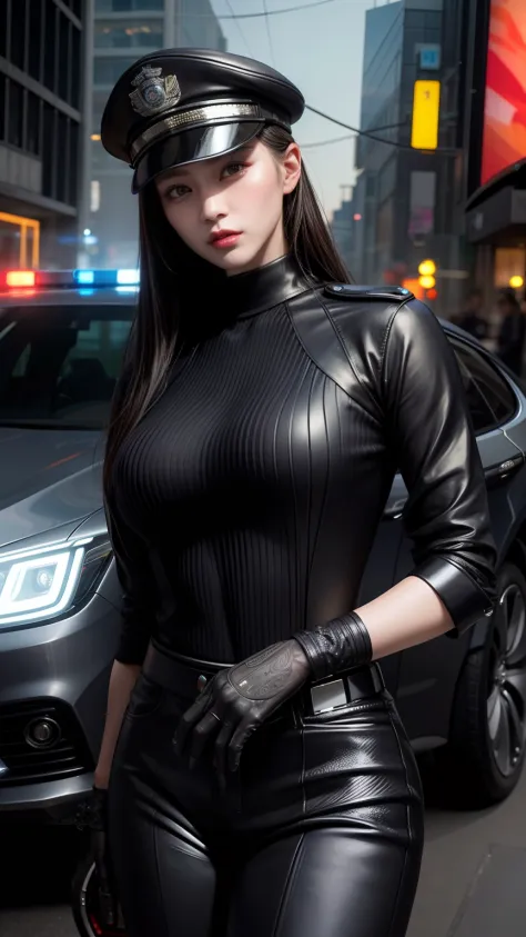 Highest image quality，Outstanding details，超高分辨率，The police of the future，She wears a futuristic SWAT uniform，short detailed hair...