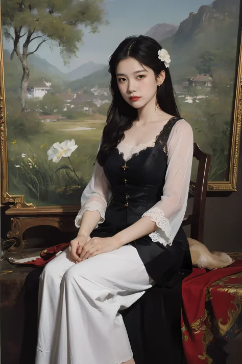 (Oil painting: 1.5),

\\

A woman with long black hair and white flowers in her hair sits in front of a Chinese landscape painting, red dress (Amy Saul: 0.248), (Stanley Ateg Liu: 0.106), (a detailed painting: 0.353), (Gothic art: 0.106)
