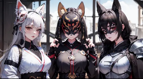 (((8k、very high res、​masterpiece)))、(((three girls in fox masks)))、stage、illuminating、heavy metal、black armor、dance、meloic sign、...