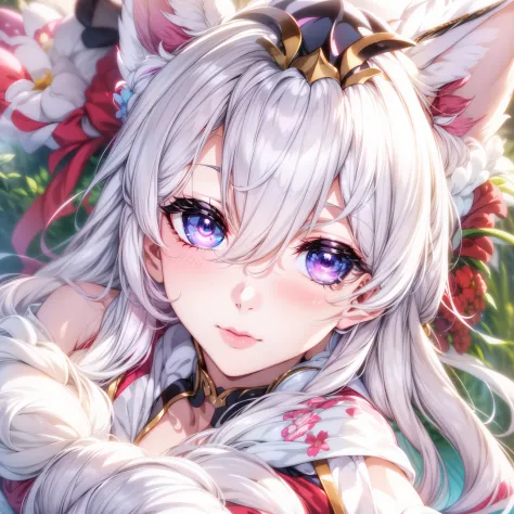 （tmasterpiece、Need、Ultra-delicate、A high resolution）），female focus，Anime wife dressed in white，Cat ears and red belt, onmyoji, a...