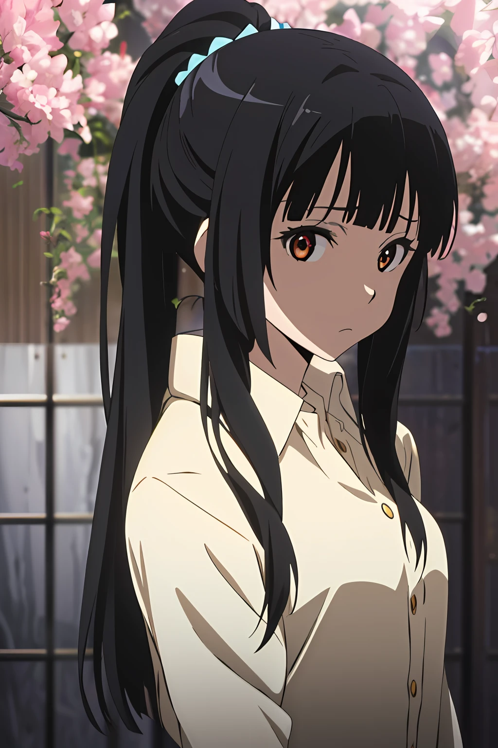 (highres, best quality:1.2), 1girl, radiance, soft contours, beautiful drawing, upper body, concept art, eyelashes, kyoani hyouka style, detailed background, bright colors, Hattori shizuka, bangs, long ponytail, looking at viewer, outdoors, White shirt,