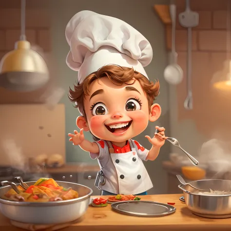 Lovely little chef who is cooking，A smile on his face，Positive perspective，Comic cartoon style