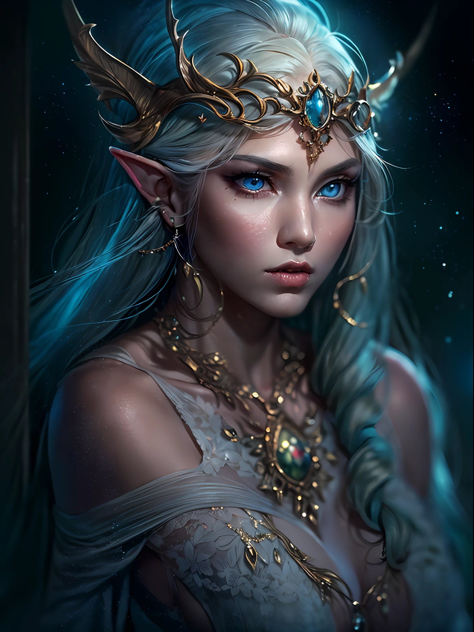 (masterpiece, high resolution:1.3), (studio portrait of an elven woman in profile:1.2), (her deep blue eyes radiating with a powerful glow:1.1), (Nikon Z7 II camera, perfect for capturing intricate details:1.2), (paired with the Nikon NIKKOR Z 85mm f/1.8 S lens:1.2), (the elfa's flawless skin exuding a sense of ethereal beauty:1.1), (her long silver hair cascading gracefully:1.1), (a gentle and kind expression gracing her face:1.1), (the focus on the enchanting profile of the elven woman:1.1), (the studio background a captivating black, emphasizing her presence:1.1), (the elfa adorned with delicate and elegant jewelry:1.1), (a black woolen attire embracing her neck:1.1), (the portrait capturing her mysterious allure and elegance:1.1), (a moment of quiet grace and beauty:1.1), (her captivating eyes drawing viewers into the depths of her soul:1.1), (a timeless portrayal of a mythical being in a studio setting:1.1), (the subtle play of light and shadow accentuating her features:1.1), (a perfect harmony of mystique and elegance:1.1), (the elven woman embodying an ageless beauty:1.1), (an image that transports viewers to a realm of fantasy and wonder:1.1), (the impeccable studio lighting highlighting her every detail:1.1), (a captivating and serene representation of an ethereal creature:1.1), (a moment captured in time, where fantasy meets reality:1.1), (the studio setting adding a sense of timelessness to the portrait:1.1), (a portrayal of an elven woman that captivates with her enchanting presence:1.1), (the combination of her glowing eyes and gentle expression creating an otherworldly atmosphere:1.1), (a studio portrait that showcases the beauty and allure of mythical beings:1.1)