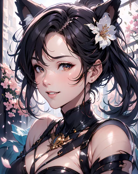 A extremely gorgeous and beautiful fox-girl, ((a half body portrait)), Splattered playing lots of colorful cherry blossom petals...