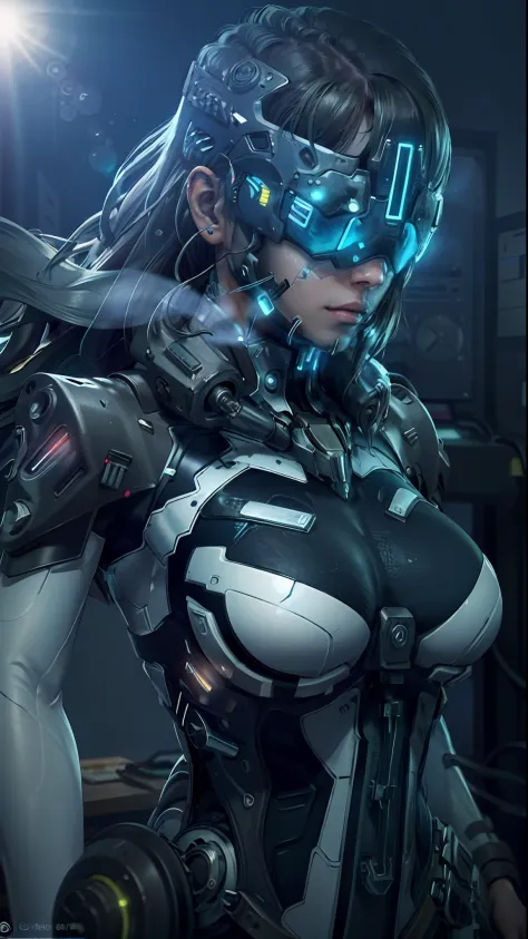 ((best quality)), ((masterpiece)), (highly detailed:1.3), 3d,rfktr_technotrex, beautiful cyberpunk woman with voluminous hair ha...