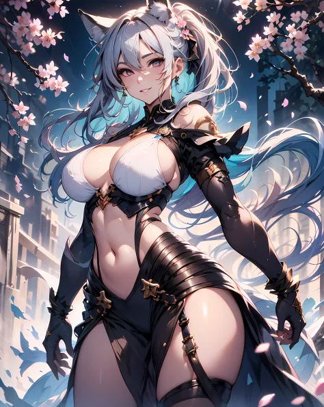 A extremely gorgeous and beautiful fox-girl, ((cowboy shot:1.3)), Splattered playing lots of colorful cherry blossom petals background, garden background, Ultimately Masterpiece, Best quality, Ultra-detailed, Ultra-realistic, Hyper realistic concept art by...