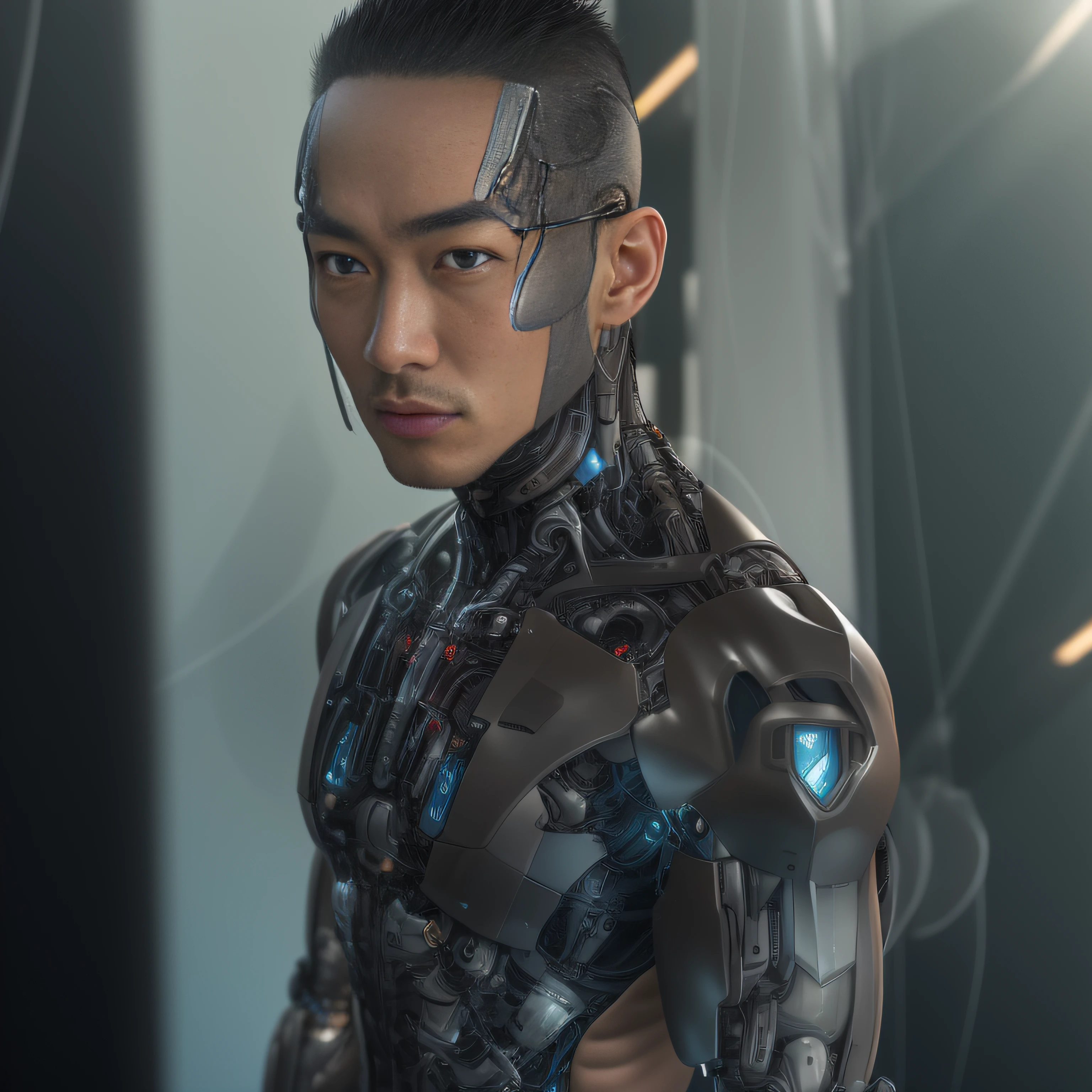 (Alfed man wearing black transparent latex tong，Translucent latex tong：1.5)，（Metallic body, bionic scifi alexandre ferra, cyborg neck, cyborg male, male cyborg：1.2）（cyborg fashion model, portrait of a cyborg, detailed portrait of a cyborg, cybernetic neck implant, portrait of a futuristic robot ：1.3）（dystopian sci-fi character, sci - fi character, portrait of a cyberpunk cyborg：1.2）（8K，Extreme detail，Hair in extreme detail，Ultra photo realsisim，cinmatic lighting：1.1）（Asian supermodel face，Strong muscles and perfectly curved body，Extreme sexual tension，Hormonal explosion，whole body display：1.5）(Detailed and realistic skin texture：1.2)（Short hair, Short stubble masculinity，Naked muscle man，Muscular macho，No clothes on，Only a pair of thongs was worn，Extremely sexy and provocative：1.5)(The lower body is swollen and erect：1.2)