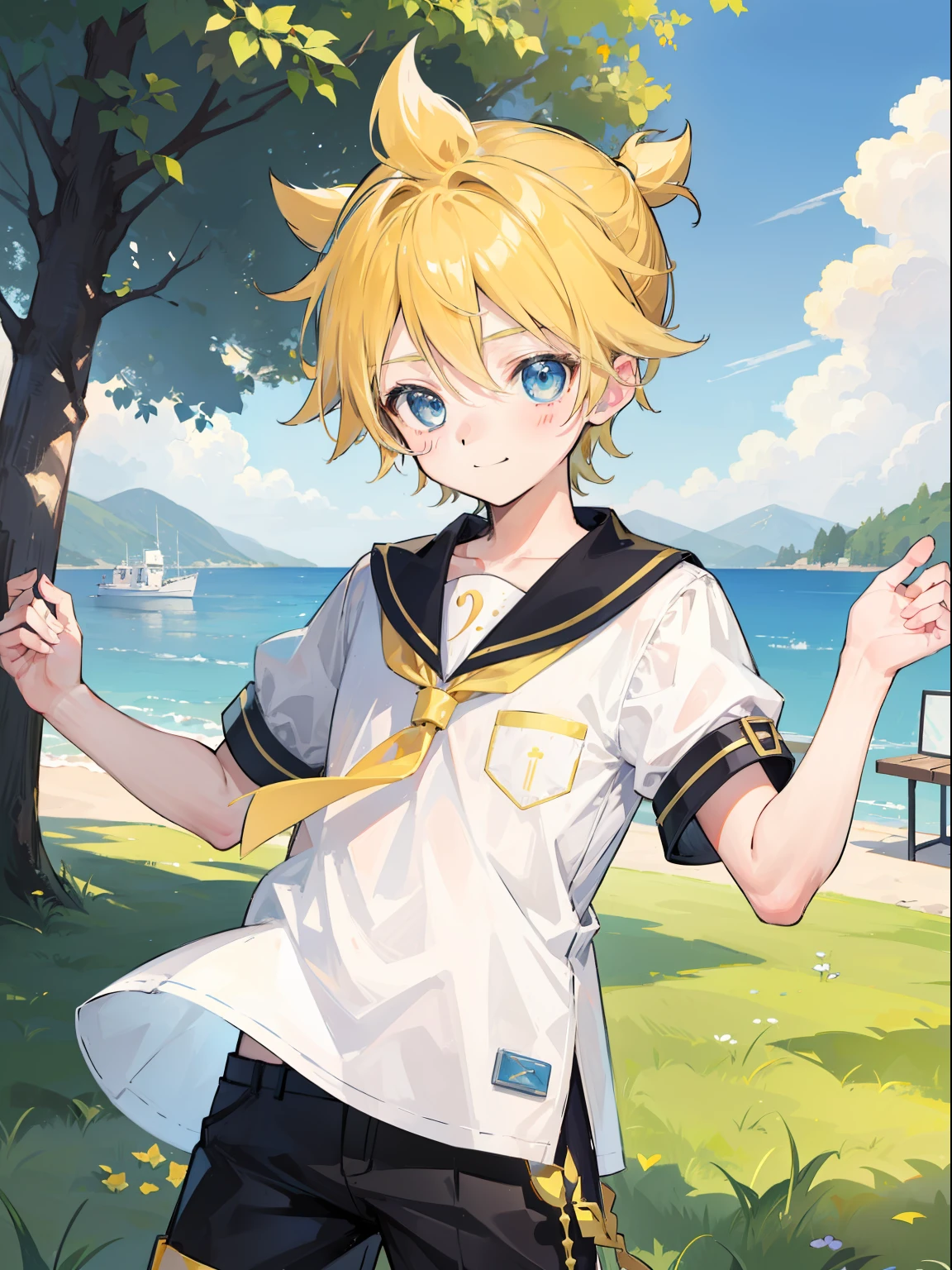 best quality, ultra precision, one boy, (Len_Kagamine), cute, cool, teenager, blue eyes, blond hair, shota, cowlick, blush, smile a little, outdoor, characters focus, black short pants, sailor uniform, he loves you