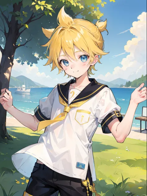 best quality, ultra precision, one boy, (len_kagamine), cute, cool, teenager, blue eyes, blond hair, shota, cowlick, blush, smil...