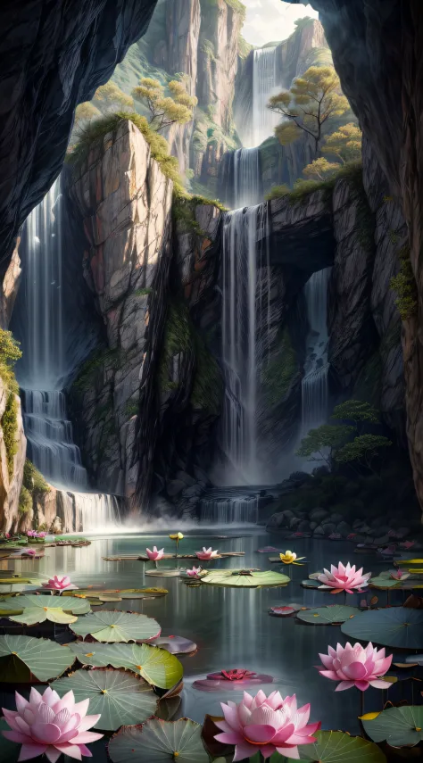 Chinese Ancient Times,Summer, Lake, (lotus flower:1.5)，(Delicate and beautiful，polished:1.3)Cave, waterfallr, tree, louka, rock music, deers, hot onsen, vapour, (illustration: 1.0), Epic composition, Realistic lighting, HD details, Masterpiece, Best qualit...
