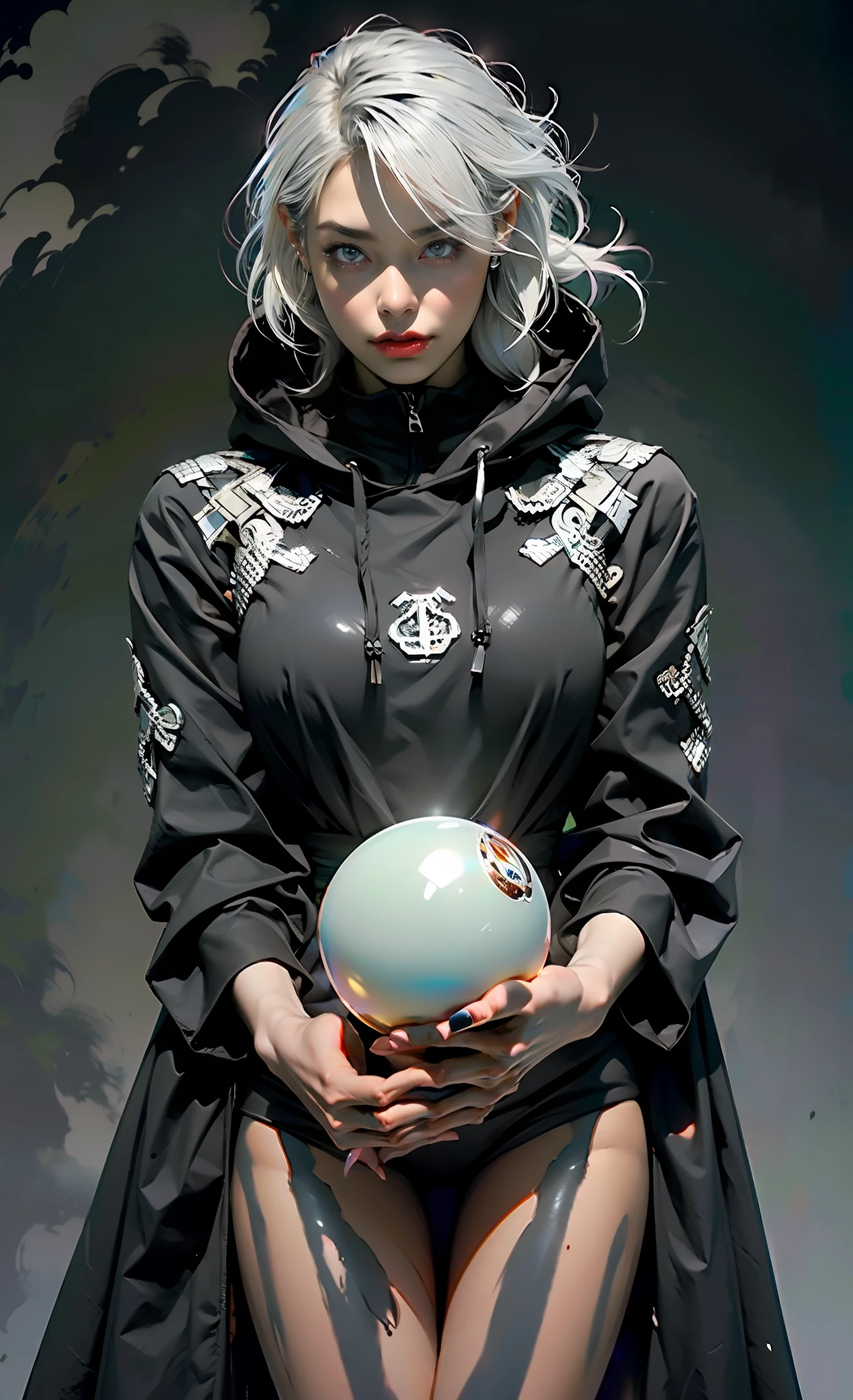 (absurdes, ah high, ultradetailed), ((A  girl)), a 1girl, androgynous vampire, High Stability, ((white colored hair)), pubic tattoo, ((Holds a magic sphere in his hands:1.6)). ((чрезвычайно детализированные обои CG unity 8k, intricate detials, (style-swirlmagic: 0.8), portraite of a, looking a viewer, 独奏, (full length: 0.6), dynamicpose, Detailed background, Madness in the eyes, floating in the air,  A Necromancer, Evil to the bone, Red clouds, casting spell, fireball, Dark hooded mantle, The Dark Circle, Underworld, Warhammer theme, bringer of false light, Dark clouds, floating chunks of dirt, decadence, Outgoing evil energy, dark aura, Broken shackles)), (cowboy  shot) junji ito 4 k, with long gray hair, ito junji art, style of junji ito, portrait of sadako of the ring, Gentle androgynous princess , Beautiful androgynous princess, nice feet, detailing, Burst breasts, extra high resolution, 8K, (Lovely Medium Breasts), perfect anatomy, (shapely body), Beautiful slender legs, Extremely detailed eyes and face, beautiful detail eyes, extremely detailed body, ((Gloomy color scheme:1.6))