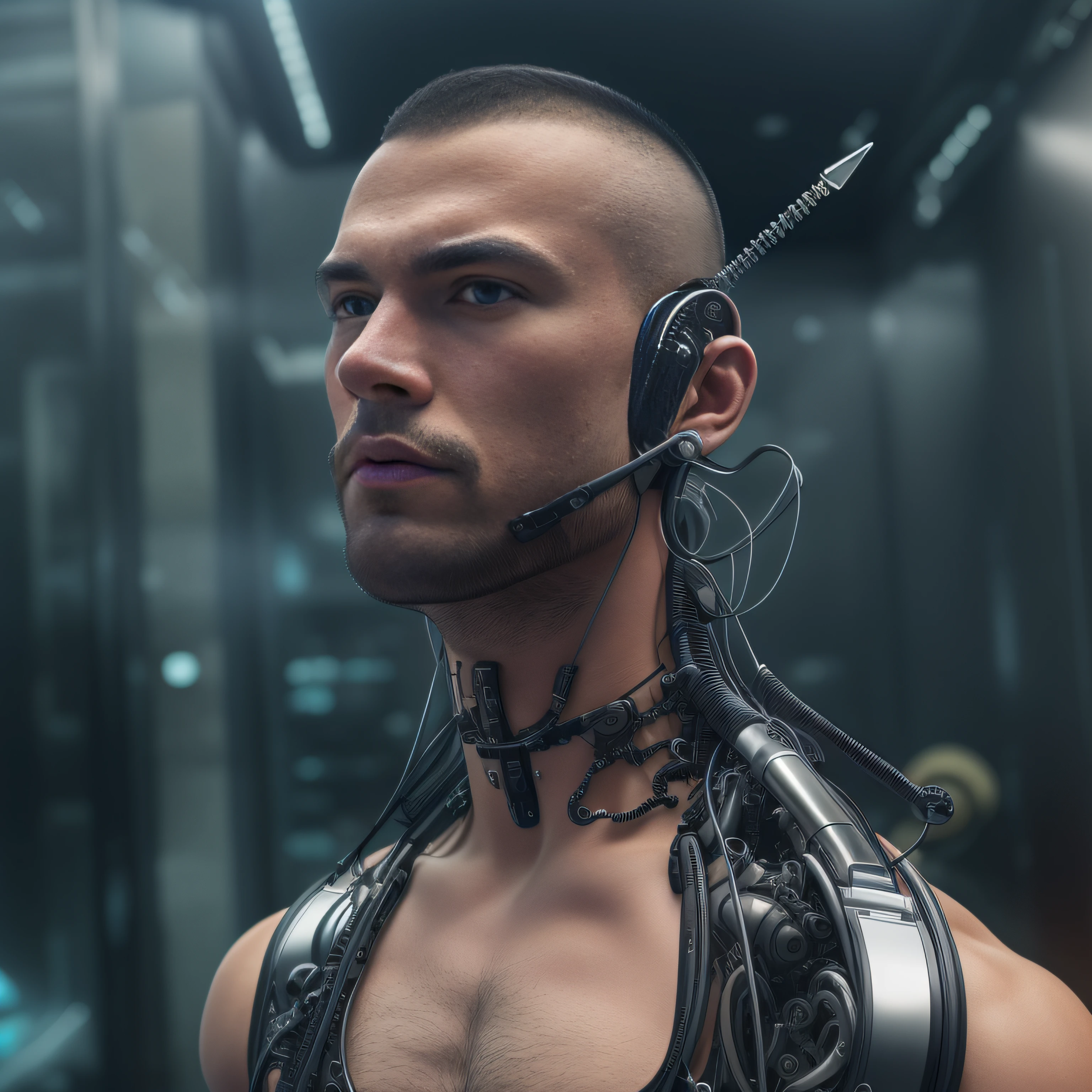 (Alfid man wearing black transparent latex tongs，Translucent latex pliers：1.5)，（Metallic body, bionic scifi alexandre ferra, cyborg neck, cyborg male, male cyborg, cyborg fashion model, portrait of a cyborg, detailed portrait of a cyborg, cybernetic neck implant, portrait of a futuristic robot ：1.3）（dystopian sci-fi character, sci - fi character, portrait of a cyberpunk cyborg：1.2）（8K，Extreme detail，Hair in extreme detail，Ultra photo realsisim，cinmatic lighting：1.1）（Asian supermodel face，Strong muscles and perfectly curved body，Extreme sexual tension，Hormonal explosion，whole body display：1.5）（Short hair, Light-colored beard, Stubble masculinity，Naked muscle man，Muscular macho，No clothes on，Only a pair of thongs was worn，Extremely sexy and provocative：1.5)