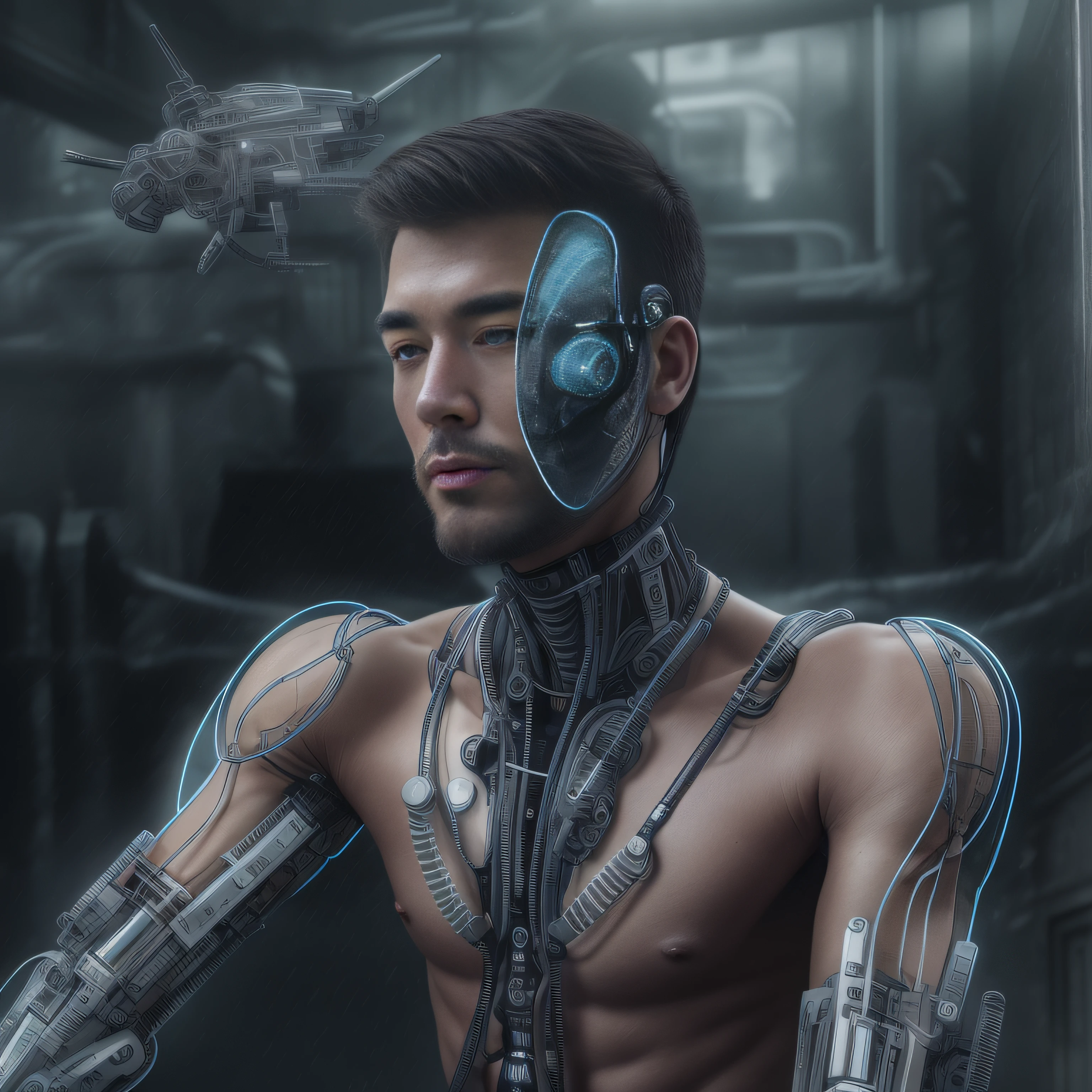 (Alfid man wearing black transparent latex tongs，Translucent latex pliers：1.5)，（Metallic body, bionic scifi alexandre ferra, cyborg neck, cyborg male, male cyborg, cyborg fashion model, portrait of a cyborg, detailed portrait of a cyborg, cybernetic neck implant, portrait of a futuristic robot ：1.3）（dystopian sci-fi character, sci - fi character, portrait of a cyberpunk cyborg：1.2）（8K，Extreme detail，Hair in extreme detail，Ultra photo realsisim，cinmatic lighting：1.1）（Asian supermodel face，Strong muscles and perfectly curved body，Extreme sexual tension，Hormonal explosion，whole body display：1.5）（Short hair, Light-colored beard, Stubble masculinity，Naked muscle man，Muscular macho，No clothes on，Only a pair of thongs was worn，Extremely sexy and provocative：1.5)