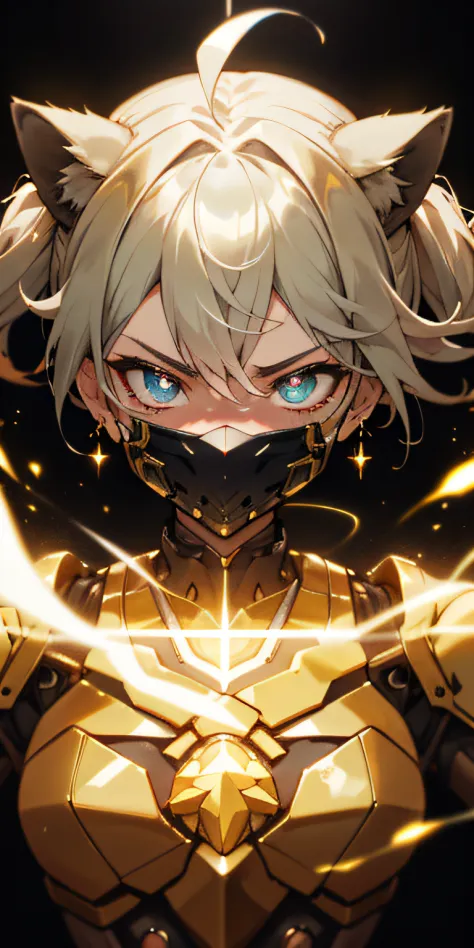 Masterpiece Anime Robot beutiful gold skin ghost lion girl magic, aesthetic_eyes, detailed eyes, demon horn, mask, glowing, rand...