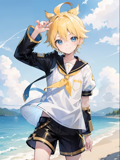 best quality, ultra precision, one boy, (Len_Kagamine), cute, cool, blue eyes, blond hair, shota, cowlick, smile a little, outdo...