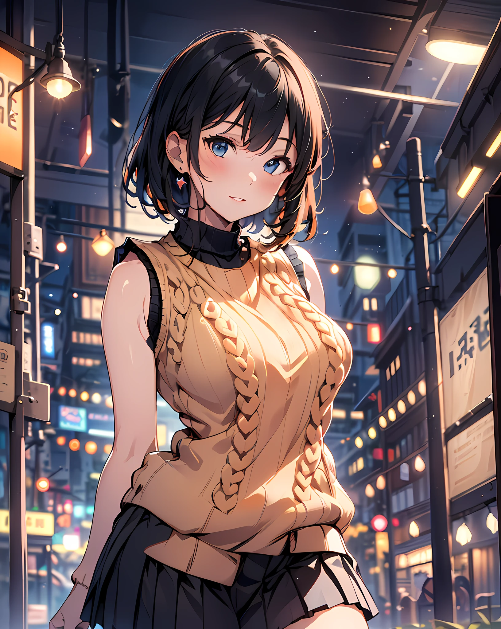 (masterpiece, best quality:1.37), highres, ultra-detailed, ultra-sharp, BREAK, Korean school idol, (((1girl:1.37, solo))), (beautiful anime face, cute face, detailed face), (black hair, thin hair, short hair, bangs, hime-cut), detailed beautiful cyan eyes, BREAK, ((detailed orange sleeveless turtle summer sweater:1.5), BREAK, (detailed black box-pleats short-skirt:1.5)), BREAk, lovely look, water melon earing, detailed clothes), light smile, closed mouth, parted lips, pink lipstick, BREAK, ((standing, leaning forward, arms behind back,:1.3, cowboy shot)), detailed human hands, HDTV:1.2, ((detailed station view background:1.3)), 8 life size, slender, anime style, anime style school girl, perfect anatomy, perfect proportion, inspiration from Kyoto animation and A-1 picture, late evening, excellent lighting, bright colors, clean lines, photorealistic