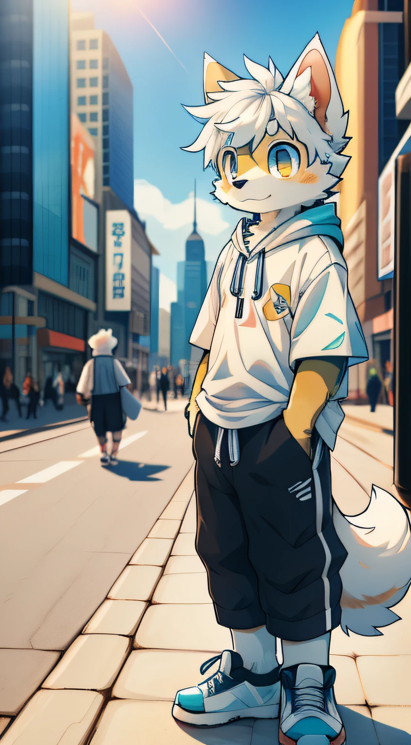 （Clear cyan eyes）， White hair， White dog tail， {Short white sleeves with pockets，}，White cropped pants，exteriors，Sunny environment:0.8),masterpiece,high quality,abstract res,digital painting\(artwork\), by dagasi, yupa,kiyosan,(anthro,fluffy fur,character focus:1.1),anthro male cat,short hair,portrait , eyes with brightness, in a panoramic view, Character focus.(detailedbackground:Large cities 0 during the day.7), solo, shaggy, shaggy male, malefocus, anthr,(Full Body Furry, Fluffy big tail, White fur,adolable ，Dog nose，Yellow doji eyes,Cute, bright and big eyes with God， black color hair:1.2), (long canines、Dog Samoyed、White hooded T-shirt、white ultra short pants、White shoes、White rounded ears、White hair all over the body：1.2），（external、big city，In the daytime，time square：1.1
