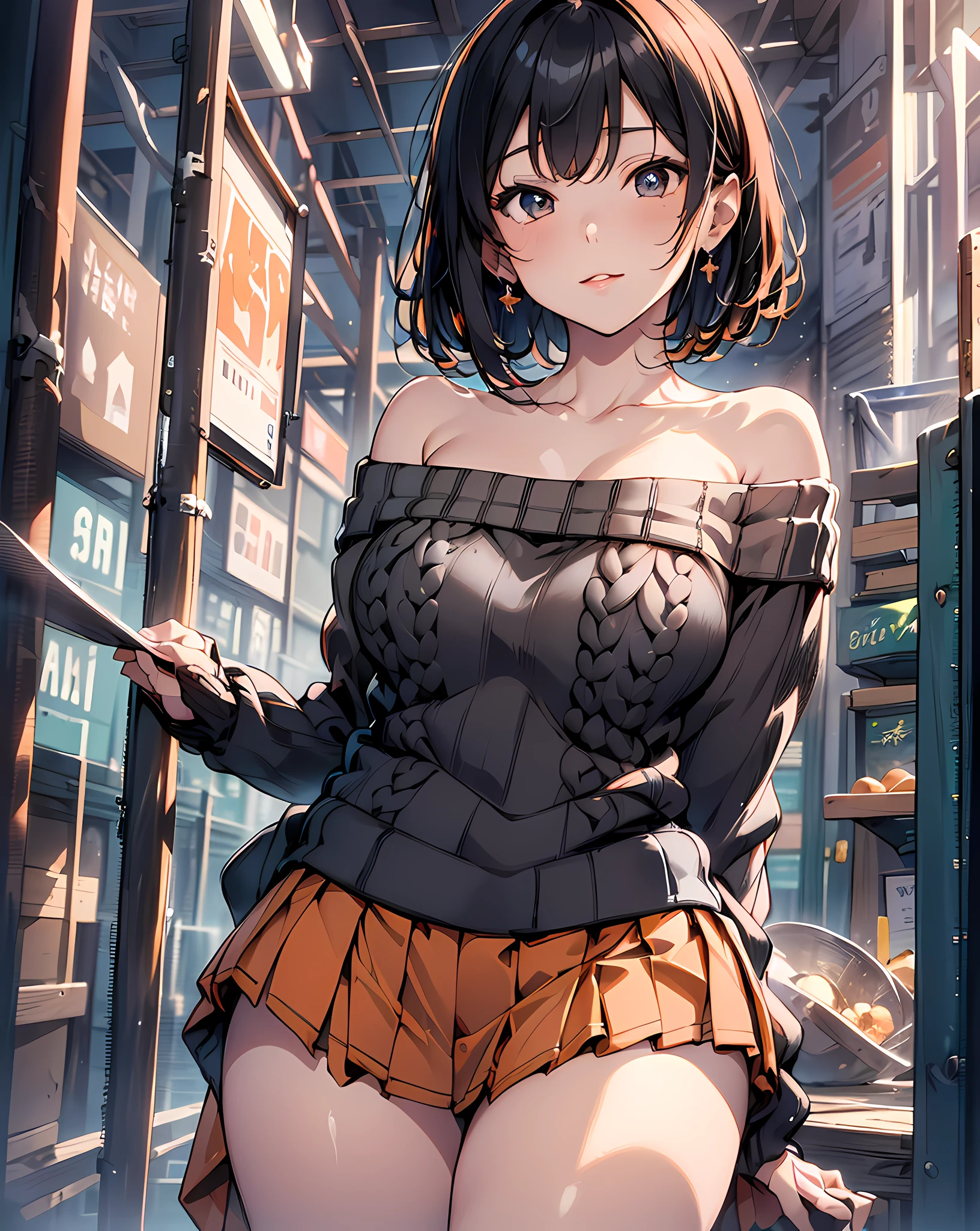 (masterpiece, best quality:1.37), highres, ultra-detailed, ultra-sharp, BREAK, Korean school idol, (((1girl:1.37, solo))), (beautiful anime face, cute face, detailed face), (black hair, thin hair, short hair, bangs, hime-cut), detailed beautiful cyan eyes, BREAK, ((detailed orange off-shoulder summer sweater:1.5), BREAK, (detailed black box-pleats short-skirt:1.5)), BREAk, lovely look, water melon earing, detailed clothes), light smile, closed mouth, parted lips, pink lipstick, BREAK, ((standing, leaning forward, arms behind back,:1.3, cowboy shot)), detailed human hands, HDTV:1.2, ((detailed station view background:1.3)), 8 life size, slender, anime style, anime style school girl, perfect anatomy, perfect proportion, inspiration from Kyoto animation and A-1 picture, late evening, excellent lighting, bright colors, clean lines, photorealistic