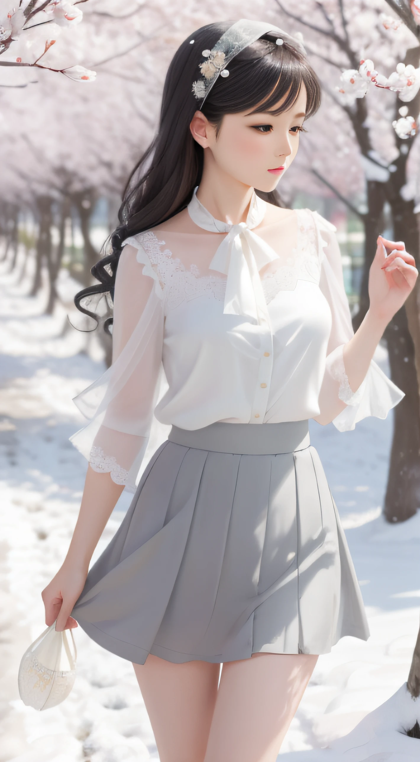 A woman in a white shirt and gray skirt standing in the snow - SeaArt AI