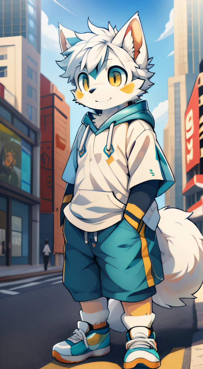 （Clear cyan eyes）， White hair， White dog tail， {Short white sleeves with pockets，}，White cropped pants，exteriors，Sunny environment:0.8),masterpiece,high quality,abstract res,digital painting\(artwork\), by dagasi, yupa,kiyosan,(anthro,fluffy fur,character focus:1.1),anthro male cat,short hair,portrait , eyes with brightness, in a panoramic view, Character focus.(detailedbackground:Large cities 0 during the day.7), solo, shaggy, shaggy male, malefocus, anthr,(Full Body Furry, Fluffy big tail, White fur,adolable ，Dog nose，Yellow doji eyes,Cute, bright and big eyes with God， black color hair:1.2), (long canines、Dog Samoyed、White hooded T-shirt、white ultra short pants、White shoes、White rounded ears、White hair all over the body：1.2），（external、big city，In the daytime，time square：1.1