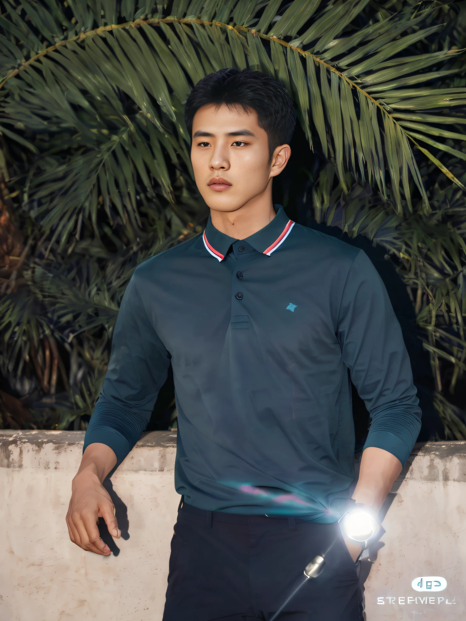 The Alafed man in a blue shirt and black pants stands next to a palm tree, in a dark teal polo shirt, in a dark green polo shirt, Inspired by Zhang Han, Wearing a polo shirt, ( ( Dark green, Li Zixin, inspired by Wang Zhenpeng, inspired by Liu Jun, wearing a dark blue polo shirt, yanjun cheng, Kingsoft retina screen，Vertical painting shadows，Perspectiva subjetiva，atmospheric distance sense，hyper HD，Textured skin，HighestQuali，high detal，The eyes are bright and alert，Ray traching，Multiple monochromes，Cinematic lighting effects，Star temperament