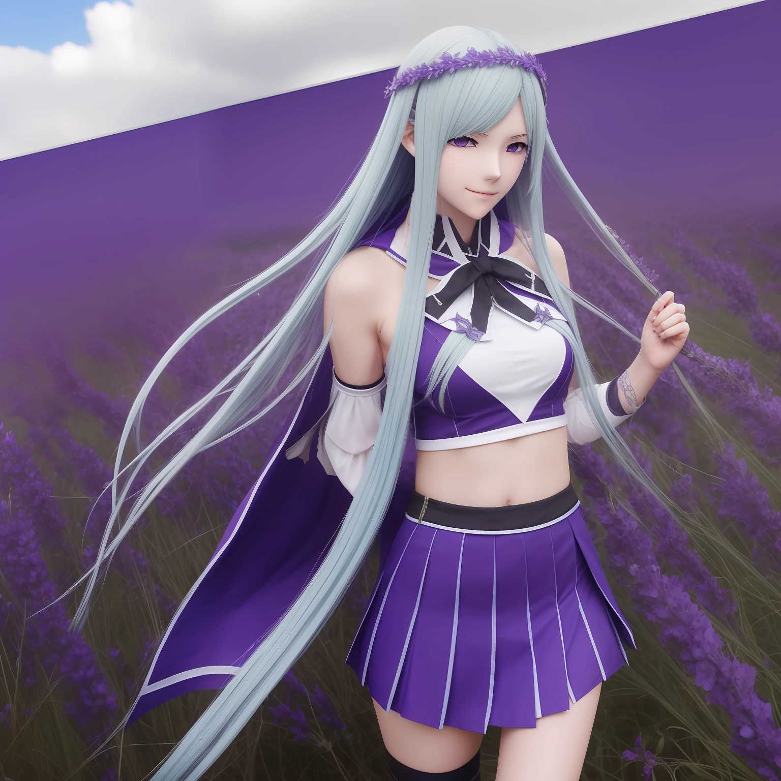 chica universitaria(como Brynhildr en Fate Grand Order), esbelto, alto, Hermoso, cuerpo atractivo, cara gentil,Calma,bastante, Glamour, faldas escolares,cabello largo ligeramente azul(cruz cortada inclinada hacia la derecha),corona de laurel en su cabello, ojos grandes de tristeza púrpura, sonríe suavemente, parado en un campo, cubierta en llamas azules